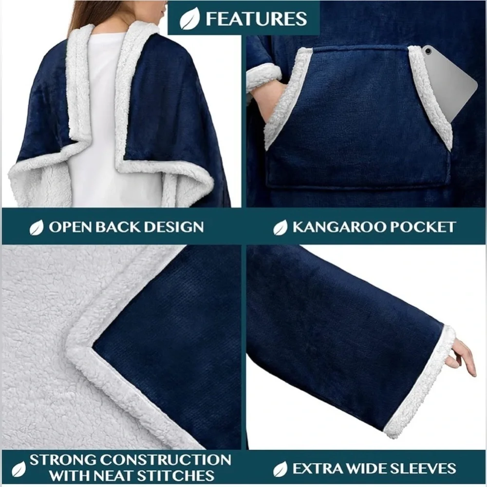 PAVILIA Premium Fleece Blanket with Sleeves, Navy Blue
